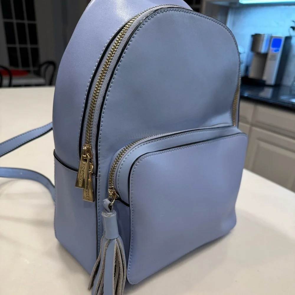 KC JAGGER Women’s Periwinkle Blue Leather Backpack, Front Zip Pocket Tassel